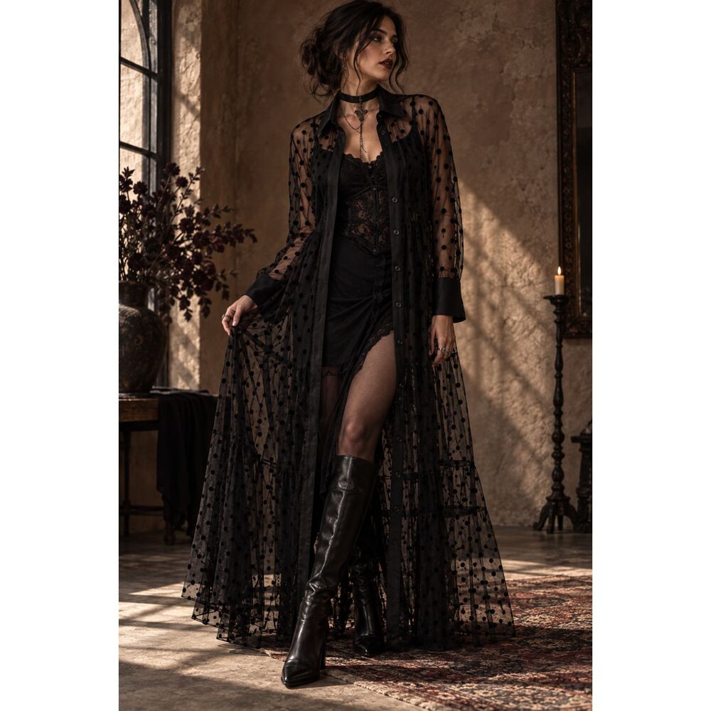 ELOQUII Sheer Black gothic Duster Dress Flocked Mesh Maxi Button Front y2k